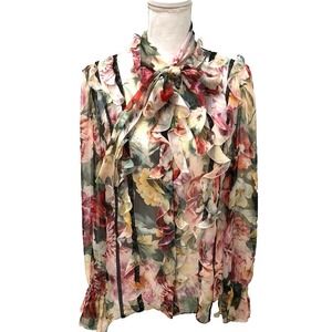 Dolce & Gabbana Silk Blouse Top Womens 44 Large Floral Office Cottagecore Ruffle